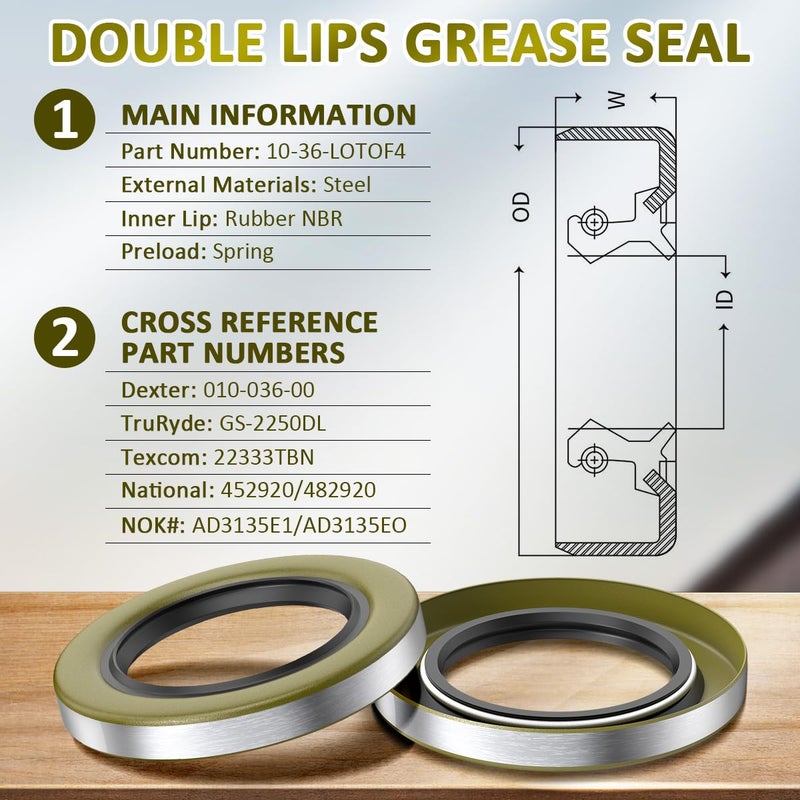 Fugedox 22333TB Double Lip Seals 2.250'', 3.371'' for 5200-7000lb Trailer Axles D42 Spindle (Qty 4) Replaces Dexter 10-36 Transcom 22333TB National 452920/482920 NOK AD3135E1/AD3135E0 - Image 4
